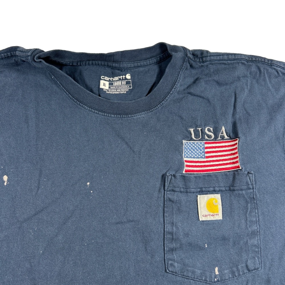 Carhartt Shirt Mens XL Blue Pocket Tee Workwear USA Patch Distressed Loose Fit